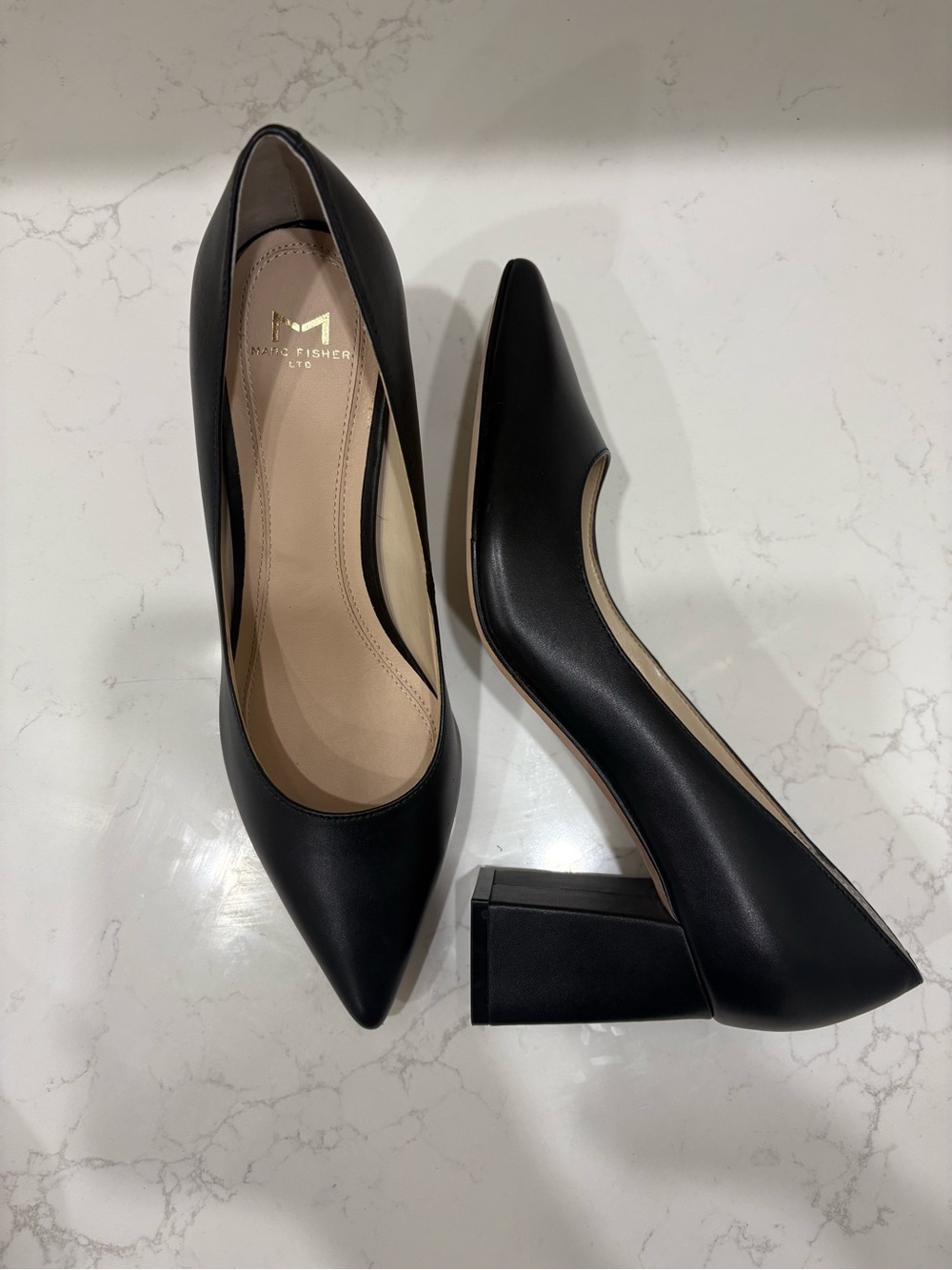 Marc Fisher LTD Zala Black Block Heel Leather Pumps
